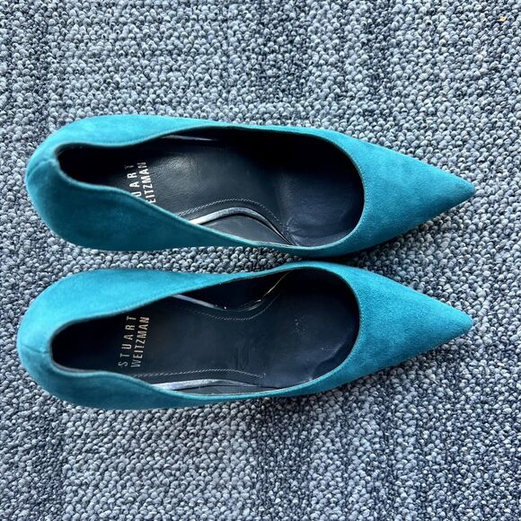 Stuart Weitzman Queen Caribe Turquoise Teal Suede Stiletto Heels Women’s 9.5 M - Picture 4 of 16
